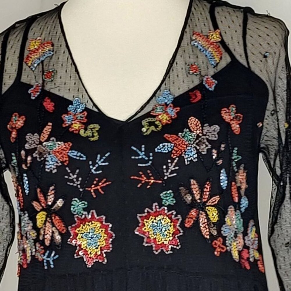 ZARA Floral Beaded Tulle Dress Sequin Mesh Sheer Midi Long Sleeve Plumeti - Picture 5 of 15